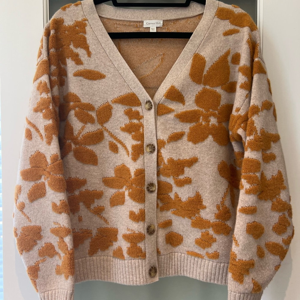 Garnet Hill Iris Cashmere Floral Cardigan in Oat & Turmeric, Size M